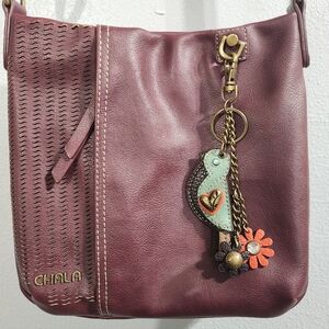 Chala Burgundy Crossbody Bag with Bird Charm Keychain Vegan Leather